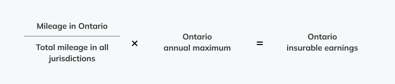 The mileage in Ontario divided by the total mileage in all jurisdictions and multipled by the Ontario annual maximum equals the Ontario insurable earnings.