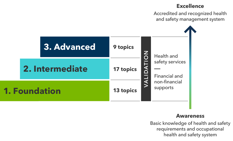 A graphic depicting the three levels of the Health and Safety Excellence program as steps. The bottom step is the foundation level that has 13 topics, the middle step is the intermediate level that has 17 topics and the top step is the advanced level that has nine topics. Beside all of the steps are the words "validation," "health and safety services," and "financial and non-financial supports." There is also an upward facing arrow that runs alongside all of the steps. At the bottom of the arrow underneath 