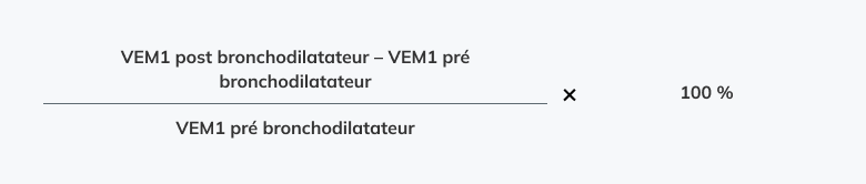 VEM1 post bronchodilatateur moins VEM1 pré bronchodilatateur divisé par VEM1 pré bronchodilatateur et mutiplié par 100 %