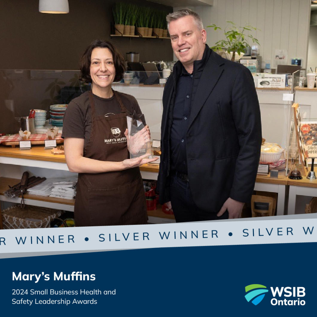 Rodney C. Cook (right), Vice President of Workplace Health and Safety Services, presents the silver 2025 Small Business Health and Safety Leadership Award to Mary Legakis Engel (left), Founder of Mary’s Muffins Canada Inc.