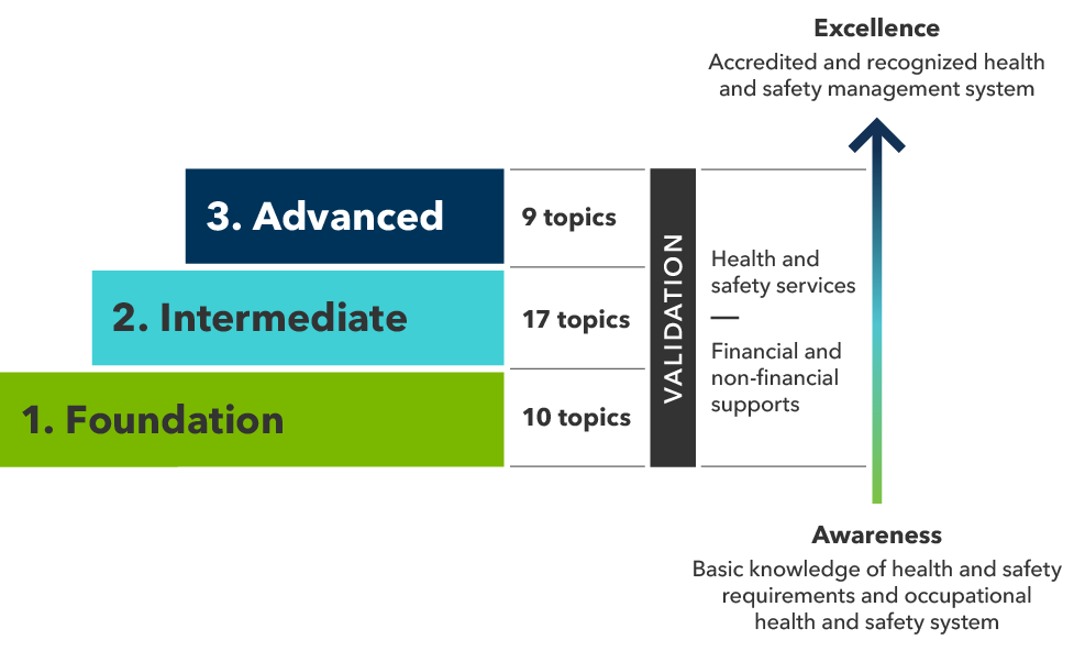 Steps diagram of program levels: 1. Foundation, 2. Intermediate, 3. Advanced. Foundation has 10 topics. Intermediate has 17 topics