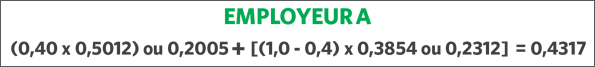 EMPLOYER A (0.40 x 0.5012) or 0.2005+ [(1.0 - 0.4) x 0.3854 or 0.2312] = 0.4317